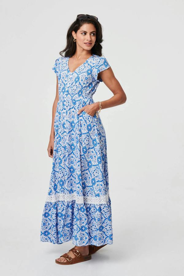 Light Blue | Mosaic Print Cap Sleeve Maxi Dress