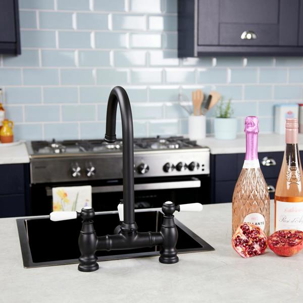 Flode klas | Traditional Bridge Style 3 in 1 Instant Boiling Tap | White Ceramic Levers | Matt Black Finish