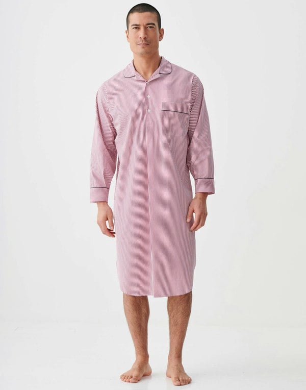 British Boxers Men's Crisp Cotton Nightshirt – St James Red Pinstripe
