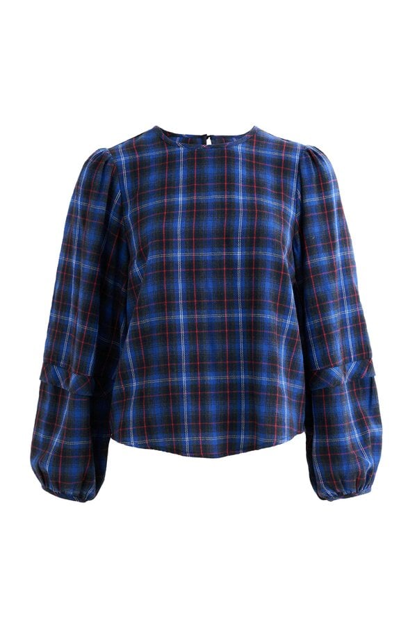 Rivka Winter Check Pleat Long Sleeve Blouse - Blue