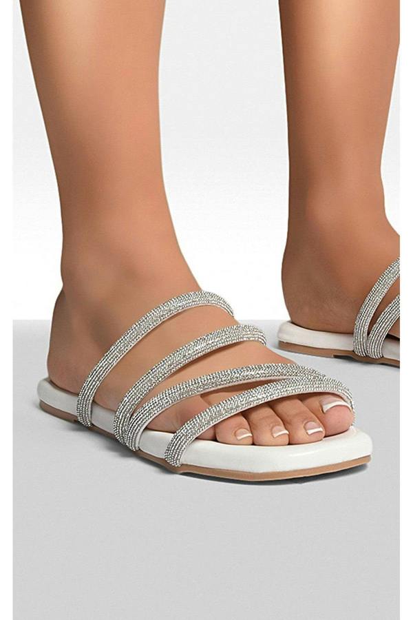 Reya Embellished Asymmetrical Strap Flat Sandals - White