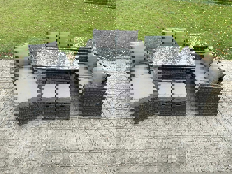 Fimous 8 Seater Dark Grey Mixed PE Rattan Outdoor Dining Set - Rectangular Dining Table, Double Sofa & 3 Footstools