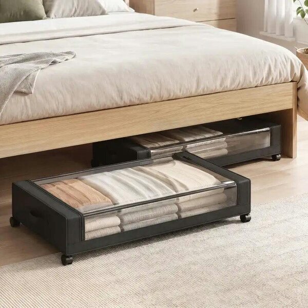 40L Under Bed Storage On Wheels Pack of 2, Fabric Rolling Under Bed Drawers with Clear Lid, Zip, Steel Frame, Black - Black