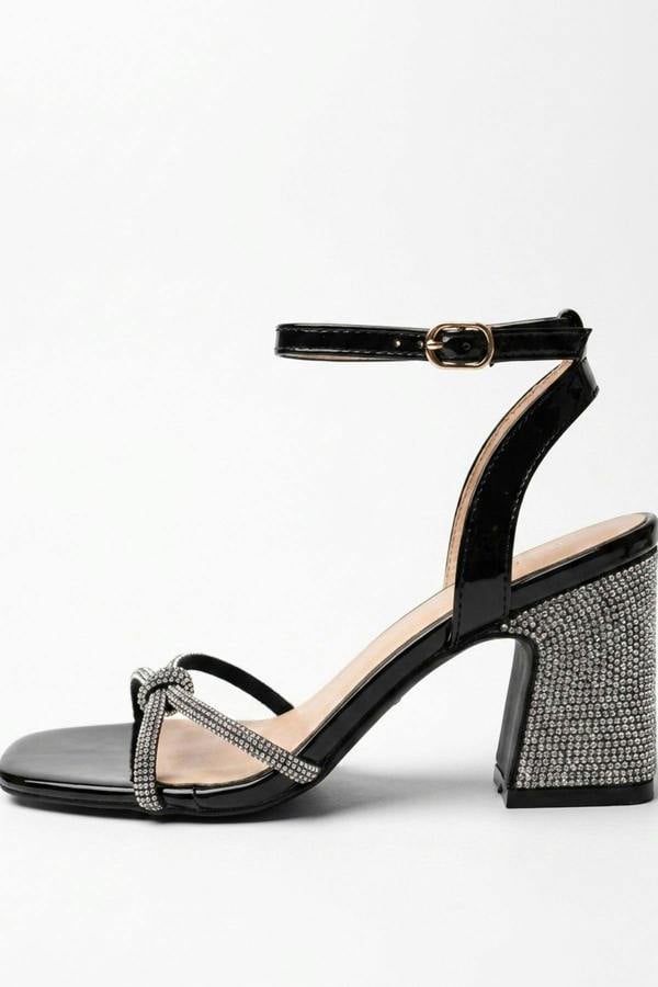 Edie Rhinestone Block Heel Knotted Sandals - Black
