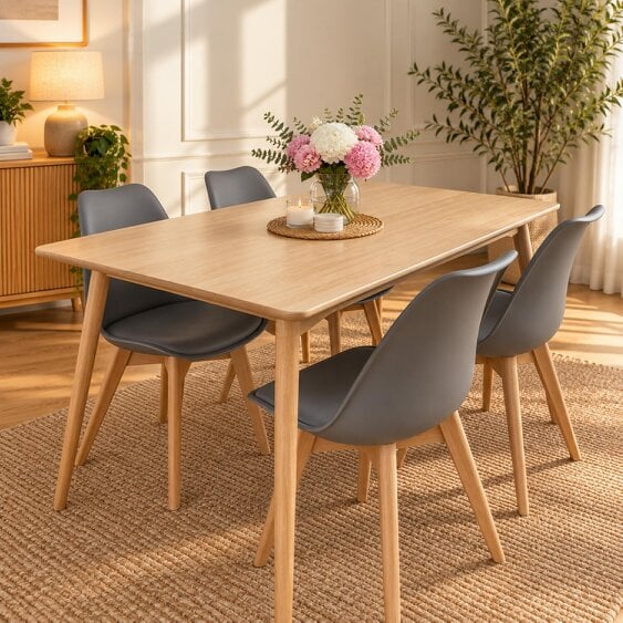 Kosy Koala Modern Rectangle Wood Effect Dining Table Set With 4 Grey Plastic Chairs Dining Room Furniture