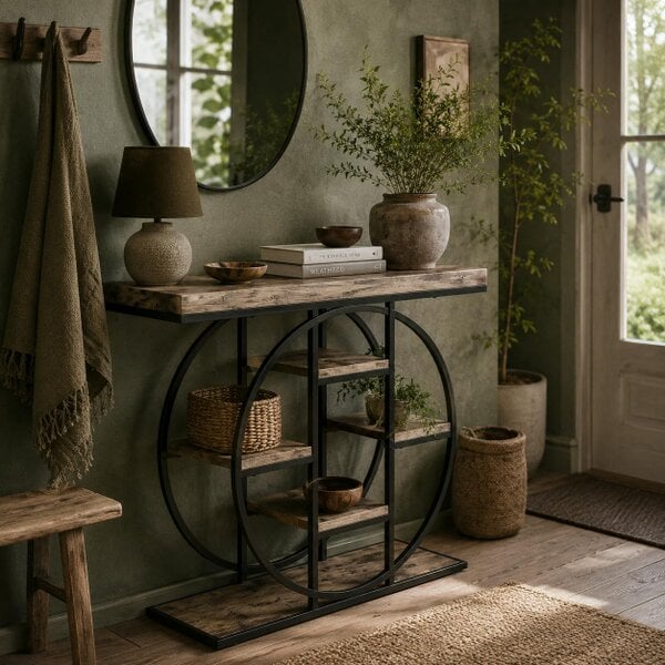 Wyld Haus Reyore Metal And Wooden Rustic Brown Industrial Console Table With OFauxn Shelving