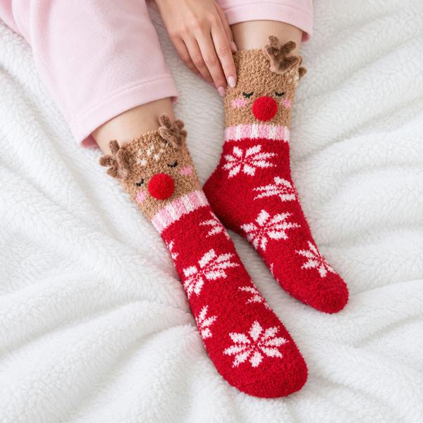 Totes NOVELTY SUPER SOFT SLIPPER SOCKS Slipper Socks Reindeer Slipper Socks   in  Red