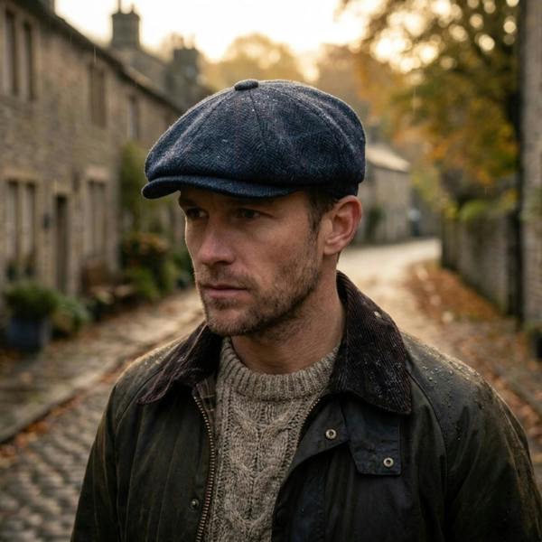 Men's Navy Blue Wool Blend Tweed Newsboy Flat Cap - TruClothing.com - 2