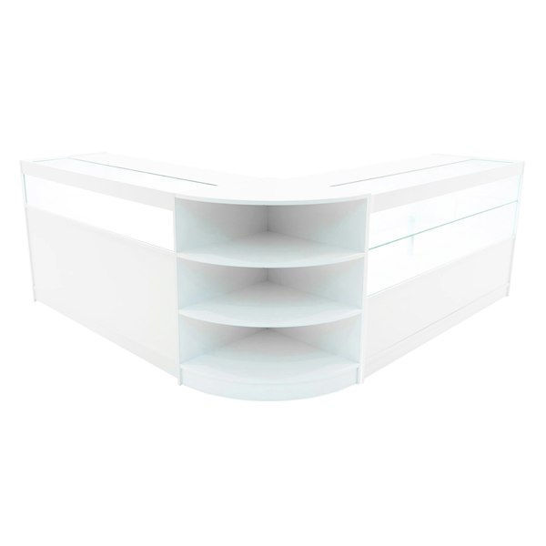 Harmonia LED Shop Counter Set in white, featuring a sleek corner design with glass display shelves and a smooth finish