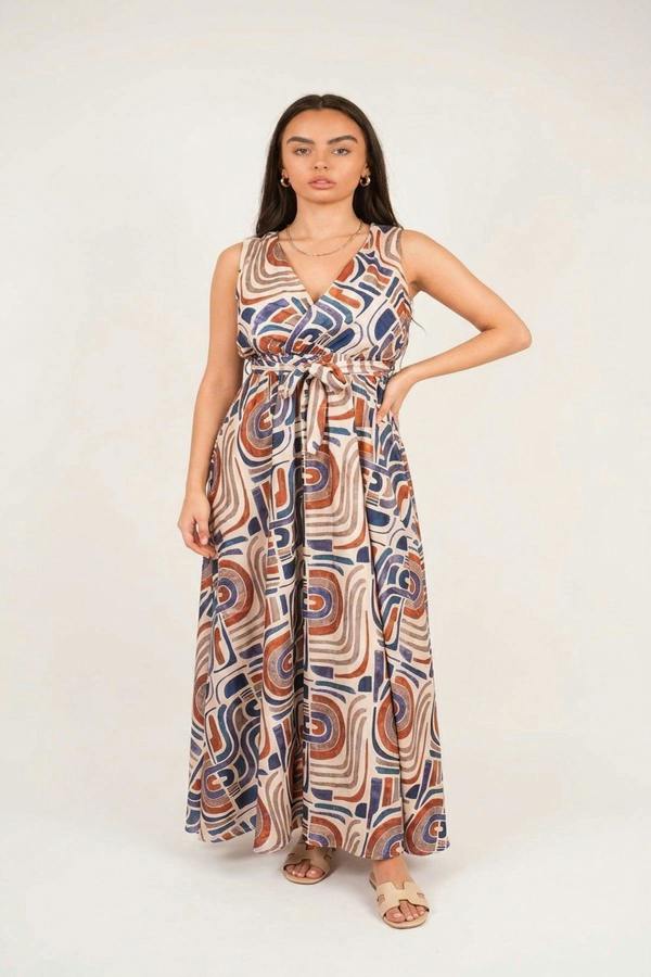 Nalani V Neck Sleeveless Maxi Dress With Tie Waist - Beige