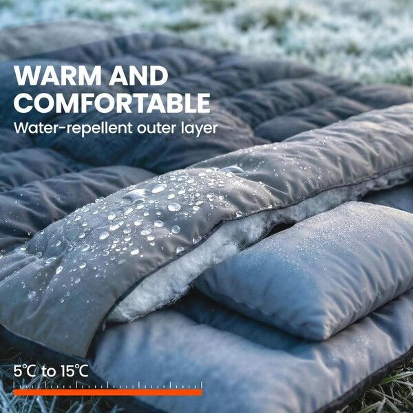 Double Sleeping Bag with 2 Pillows, 220 x 160 cm Extra-Large Sleeping Bag for Adults, Black and Grey