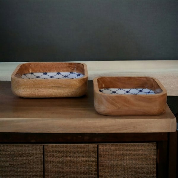 Artisan Furniture Solid Wood Blue and White Square Bowl Set of 2