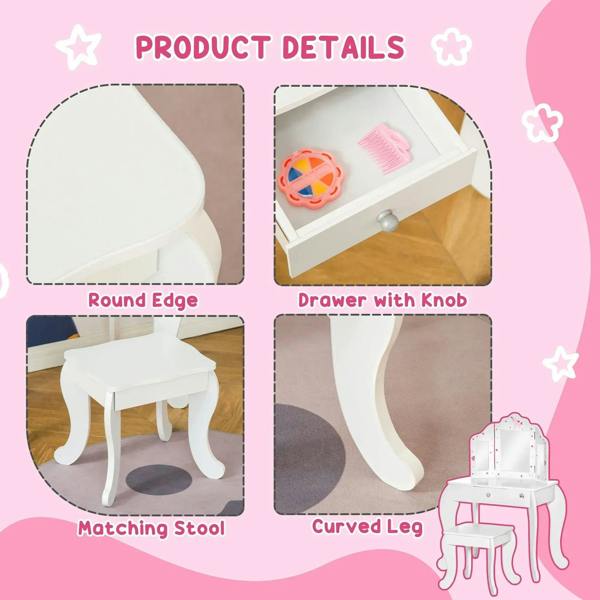 White vanity table drawer with knob and curved legs, with matching stool