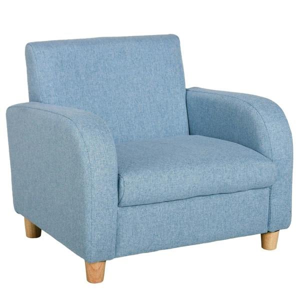 Blue upholstered toddler armchair with high back, armrests, and wooden legs