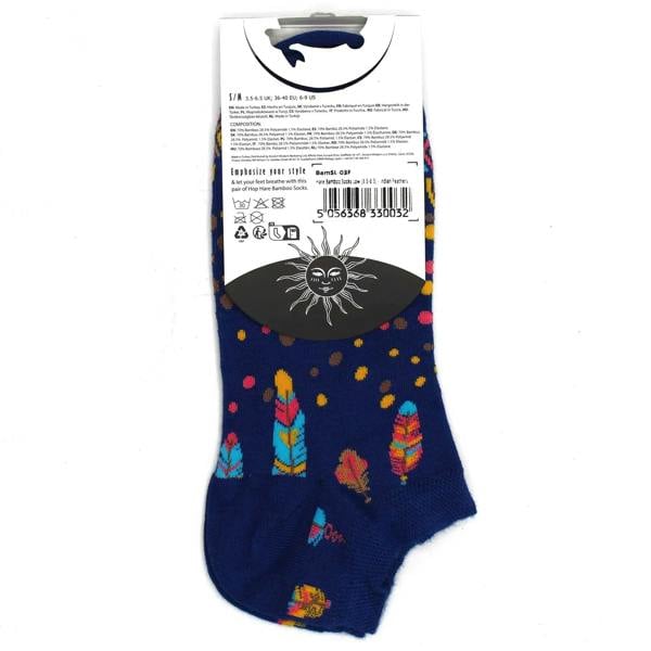 Navy low-cut socks with feather and dot pattern, shown on retail card