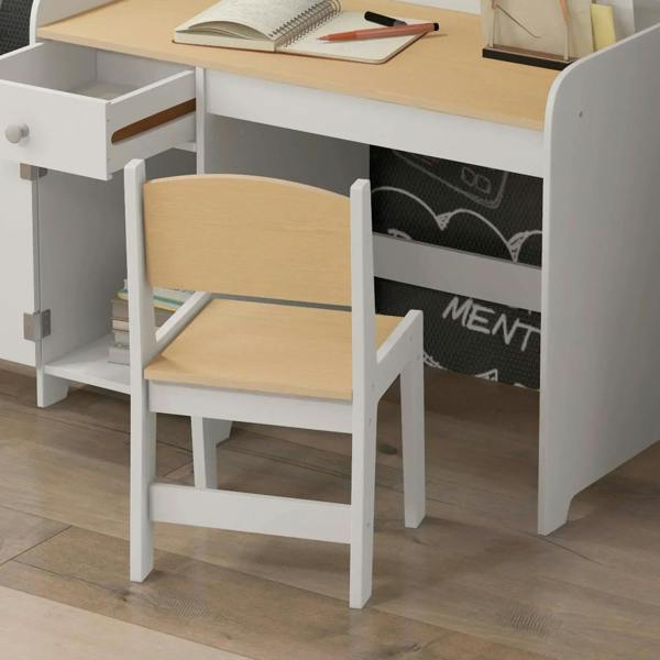 White kids chair with light wood seat beside white desk and drawer