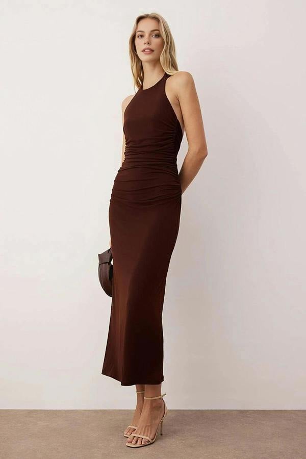 WOVCOR Draped Midi Dress with Twist Detail Stretchy Knit