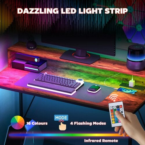Wyld Haus Hanive 120cm Rustic Brown Gaming Desk With LED Lights Power Outlets And Monitor Stand