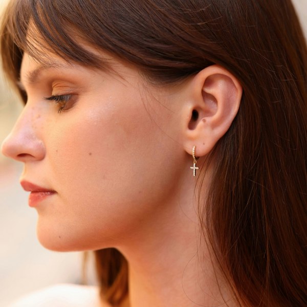 Spero London Sterling Silver Huggie Pave Cross Drop Earring
