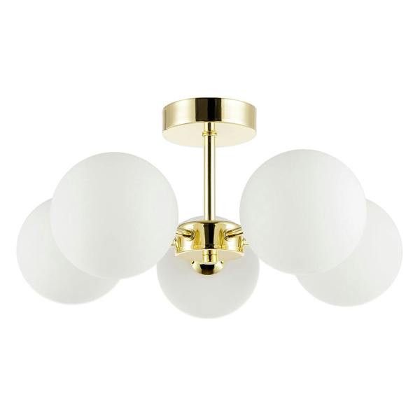 Chic Polished Gold 5-Arm Ceiling Light with White Globe Glass Shades Image 1