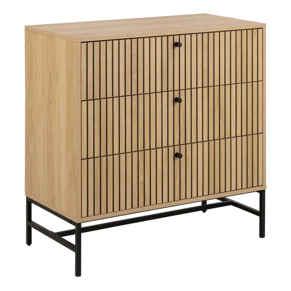 Wyld Haus Bjork Natural Oak Wood and Black Panelled Wide Chest of 3 Drawers