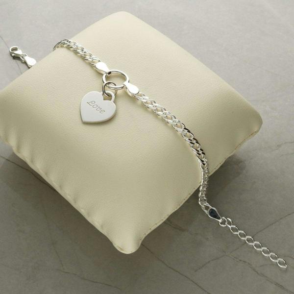 Christopher James of London Sterling Silver Ladies Heart on Fancy Double Curb Chain Bracelet With Optional Engraving