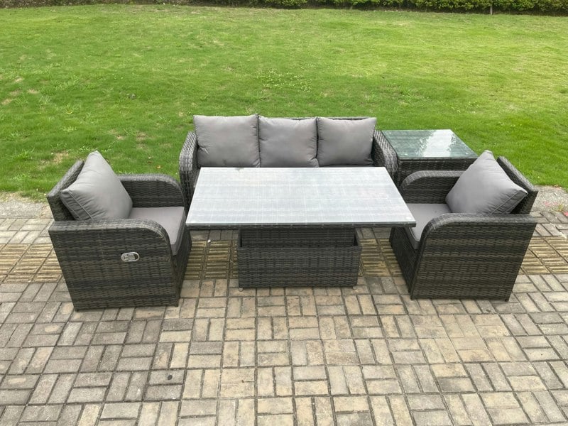 Fimous Wicker PE Rattan Outdoor Garden Furniture Set Height Adjustable Rising lifting Dining Table With Armchair Side Table