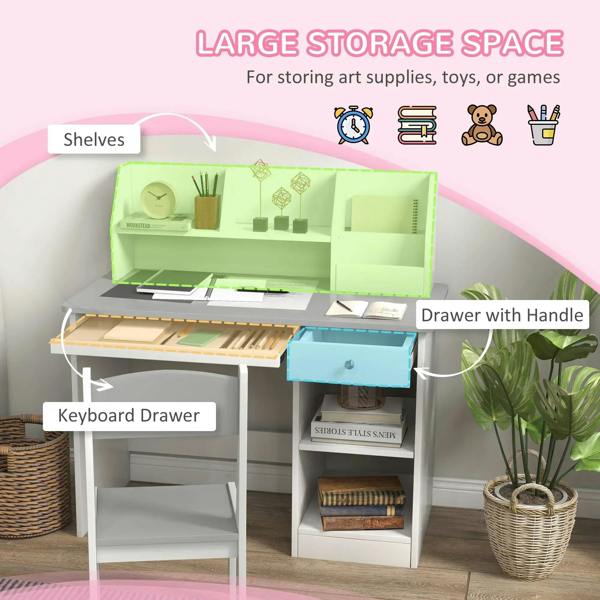 Kids desk and chair set with storage shelves and keyboard drawer, white