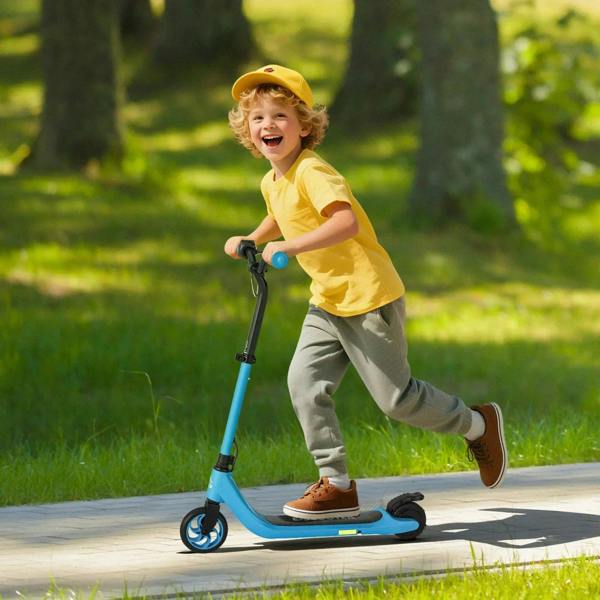 Blue foldable kids electric scooter with front wheel, black grips, and anti-slip deck