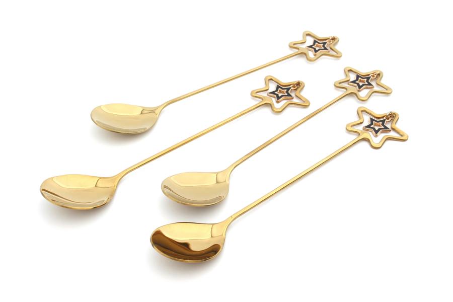 Tea Spoons Set 18/8 Stainless Steel 4pc teaspoon Set Gold Star Christmas Gift