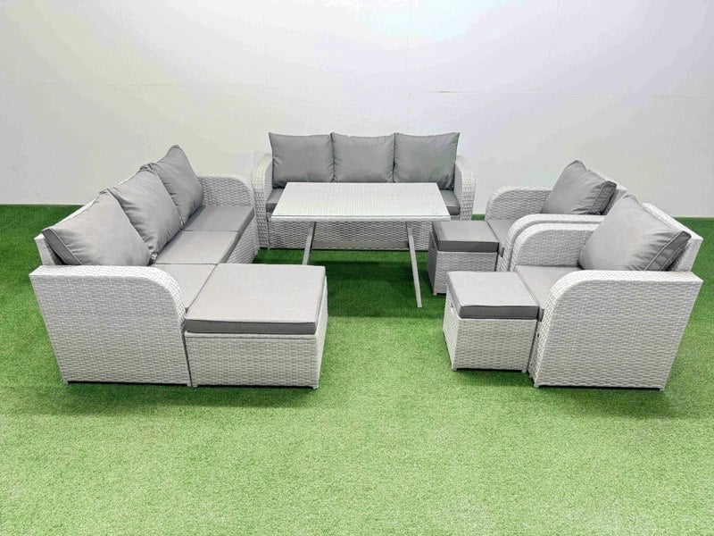 Fimous Rattan High Back Lounge Sofa Set Patio Dining Table & Chairs Set with 3 Seater Sofa 2 Reclining Chairs 3 Stool Light Grey