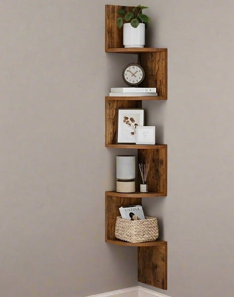 Modcraft Rustic Brown 5-Tier Corner Wall Shelf – Floating Display Bookcase