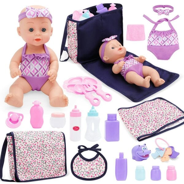 deAO Toys deAO Baby Doll Care Set with Changing Bag, Feeding Accessories & Outfit Pretend Play Nurturing Toy for Kids Ages 3+