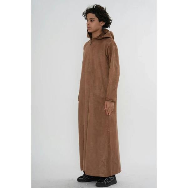 HM12 - Boy's Hooded Suede Emirati Omani Zipped Thobe - Camel - Thobez - 12