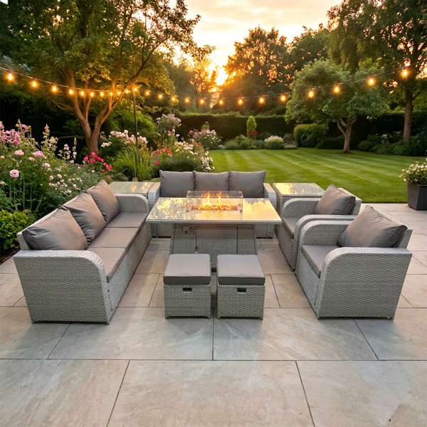 Fimous 10 Seater Rattan High Back Lounge Sofa Set with Fire Pit Dining Table, 2 Reclining Chairs, 2 Sofas, 2 Stools & 2 Side Tables - Light Grey