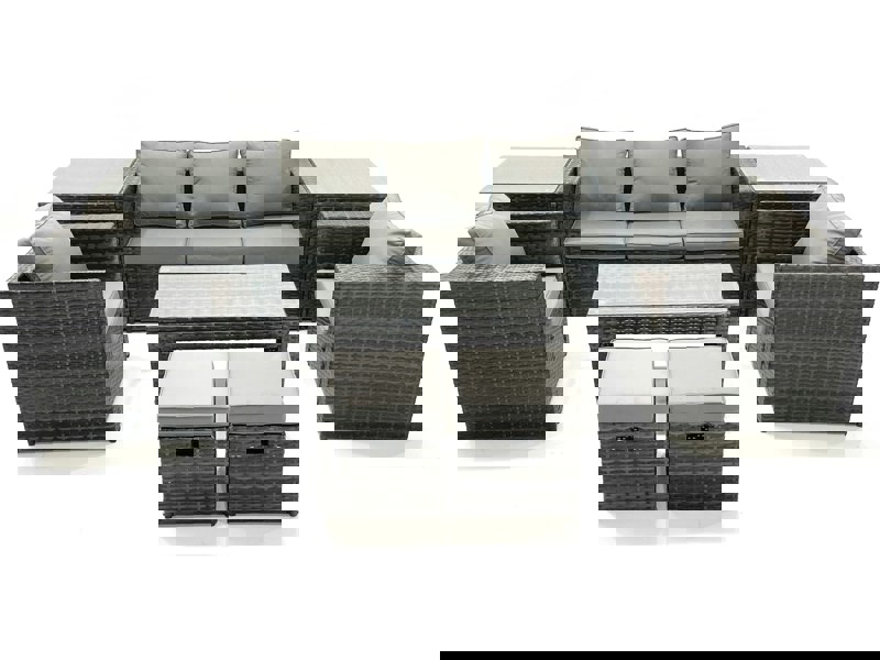 Fimous Rattan Garden Furniture Set Outdoor Lounger Sofa with Coffee Table 2 Armchair 2 Small Footstools 2 Side Tables Dark Grey Mixed