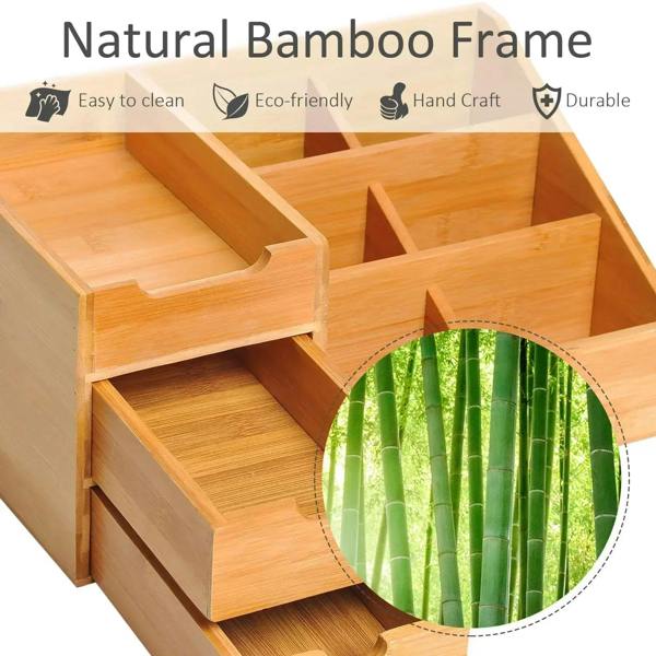 Natural bamboo desk organizer caddy with internal compartments and two drawers