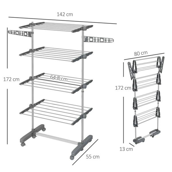 Foldable grey four-tier clothes horse with side arms and wheels