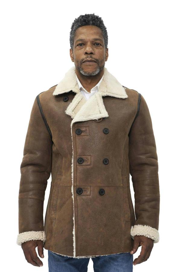 Infinity Leather Mens Double Breasted Shearling Sheepskin Pea Coat-Kington