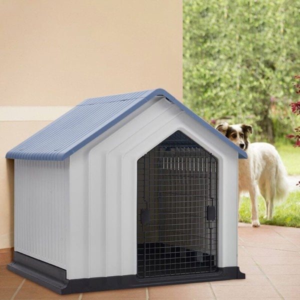 Large Blue-Top Plastic Dog House with Iron Door Living and Home
