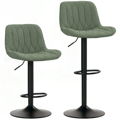 Breakfast Bar Stools Set of 2 Linen upholstery 60-80cm Adjustable Height - Green
