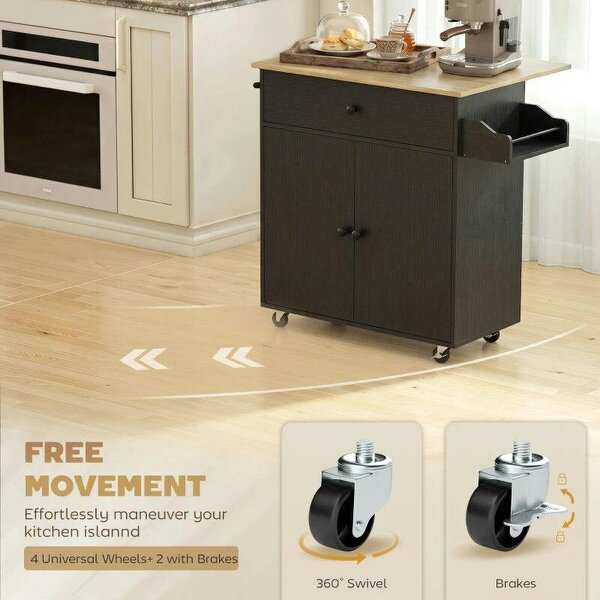Kitchen Island with Drop Leaf, Rolling Kitchen Storage Trolley on Wheels with Drawer, Spice Rack and Towel Rack, Black