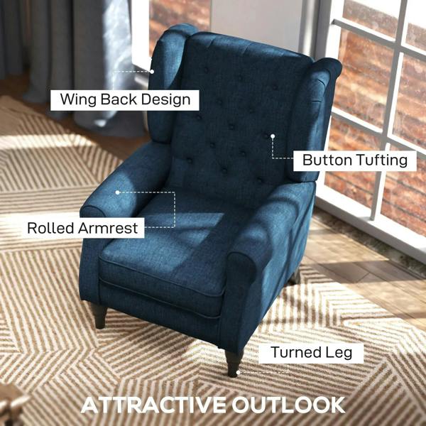 Blue wingback accent chair with tufted back, rolled arms, and turned legs.