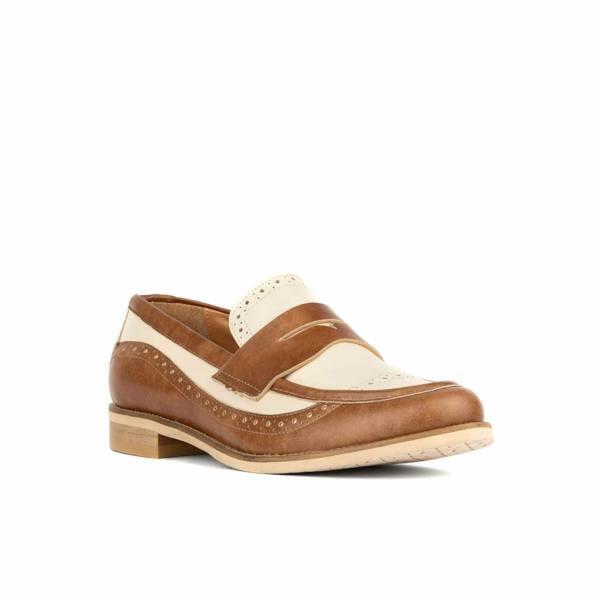 Embassy London Angelina - Tan & Cream - Women's leather almond toe penny loafer with broguing