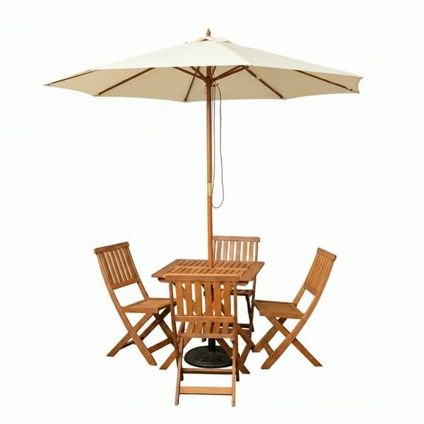 Samuel Alexander Outdoor 4 Person Folding Square Wooden Garden Dining Table Chairs Cream Parasol and Base Set