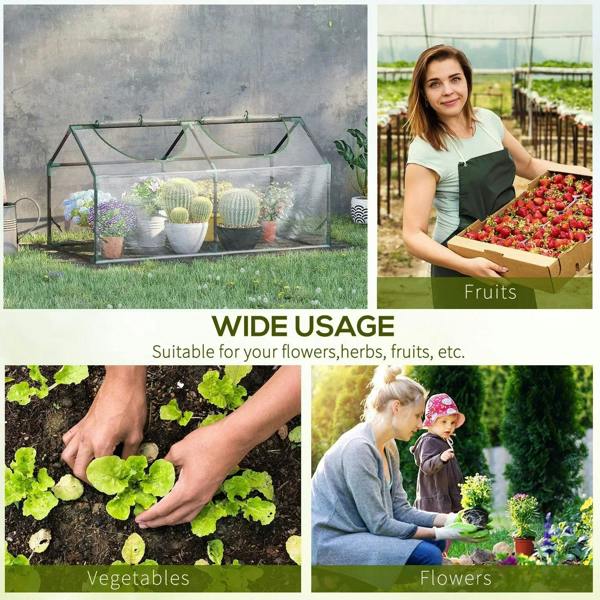 Outdoor mini greenhouse with clear sides and green frame