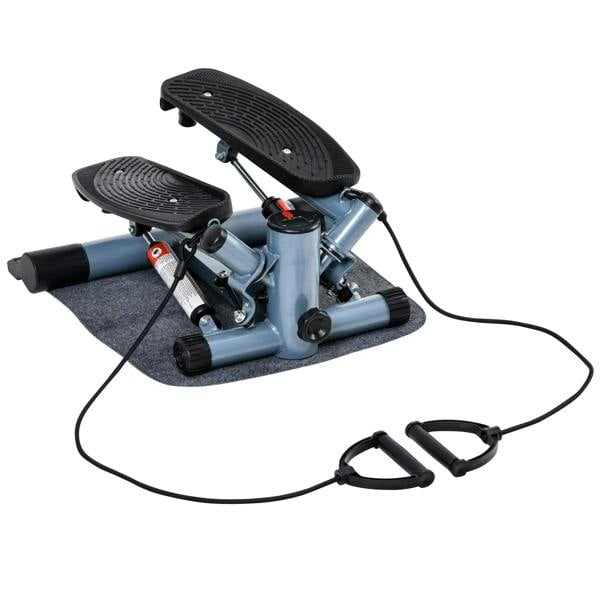 Mini stepper machine with black footplates, light gray base, and resistance bands