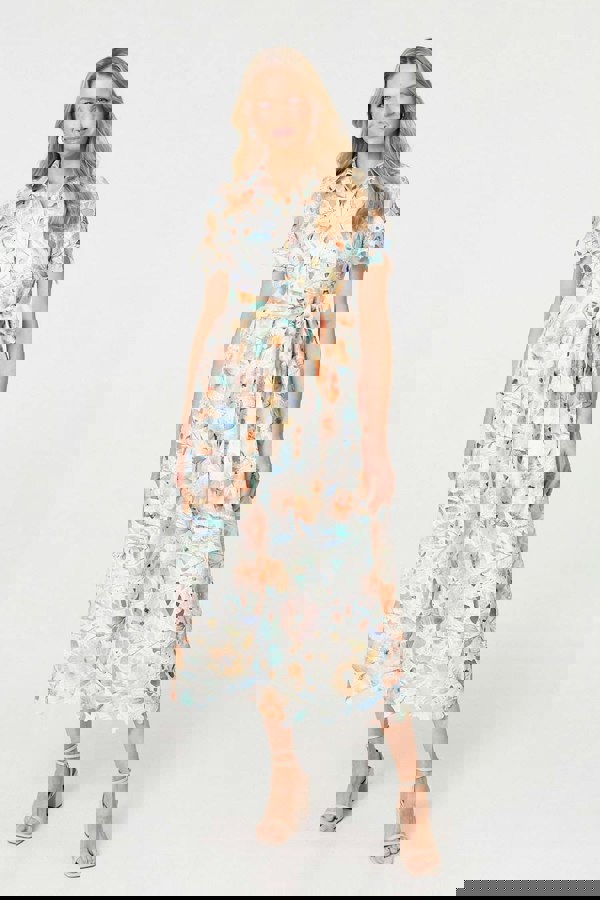 Orange | Floral Cut Out Tie Waist Midi Shirt Dress
