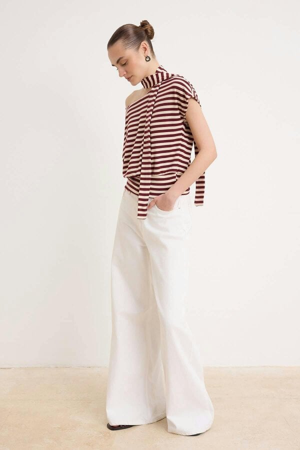 WOVCOR Boat Neck Batwing Sleeve Belted Knit Blouse - Multi
