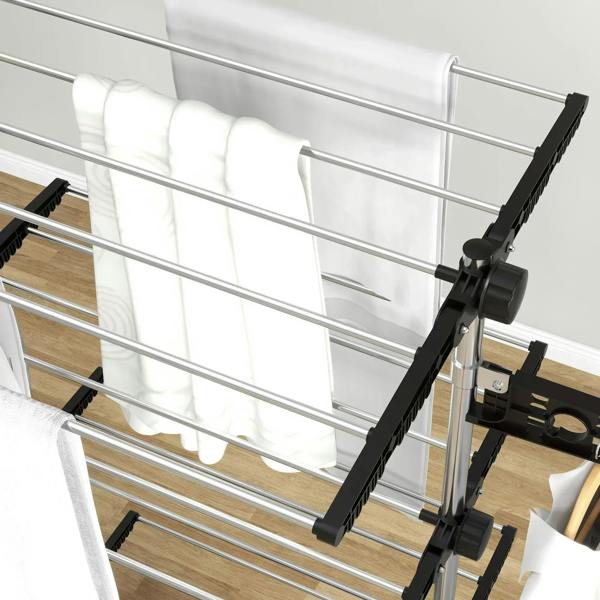 Close-up of black side wing with clip bars on a four-tier drying rack frame